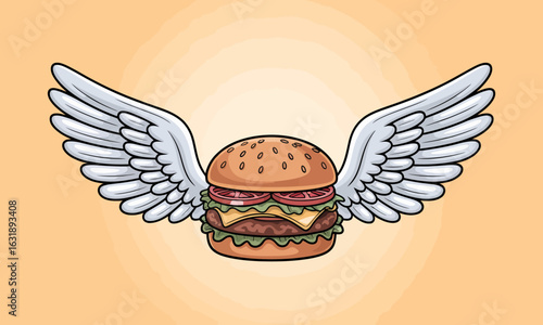 This creative image portrays a unique burger with wings, exuding playful charm and happiness, making it an engaging visual for food enthusiasts and artists alike.