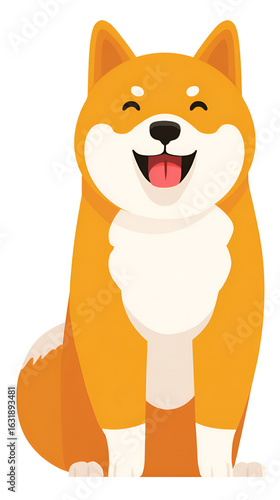 Orange Shiba Inu dog sits smiling with tongue out white chest and paws