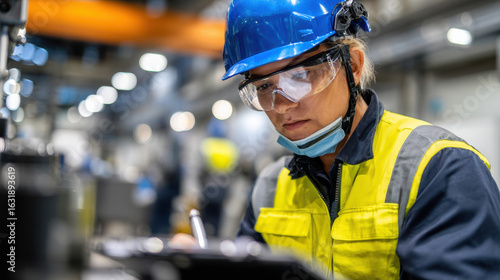 Factory worker wearing safety helmet and glasses writing on clipboard in industrial environment with focused expression