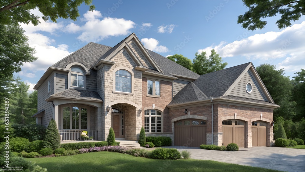 Obraz premium Luxury brick mansion with double garage and lush greenery