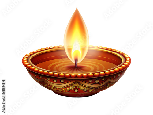 Ornate terracotta diya lamp glowing bright flame isolated on a transparent background light