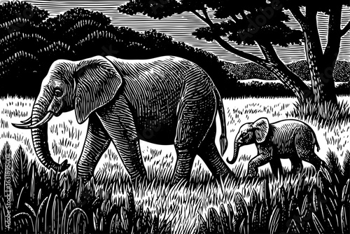 Mother elephant and baby walking slowly together, black and white line sketch