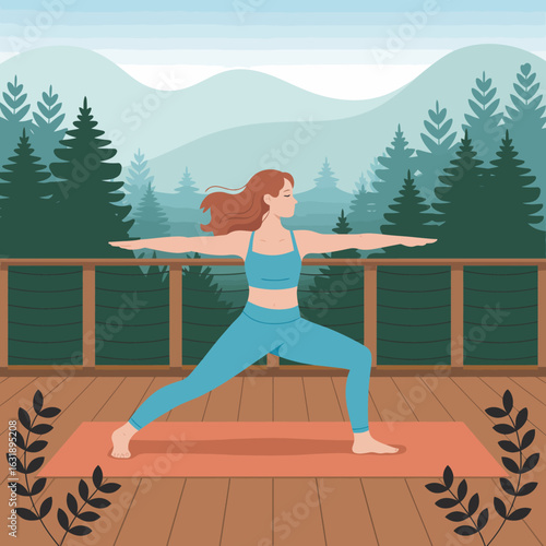 A dedicated woman executing the warrior yoga pose outdoors, symbolizing strength and focus amidst a stunning mountainous backdrop and natural scenery.