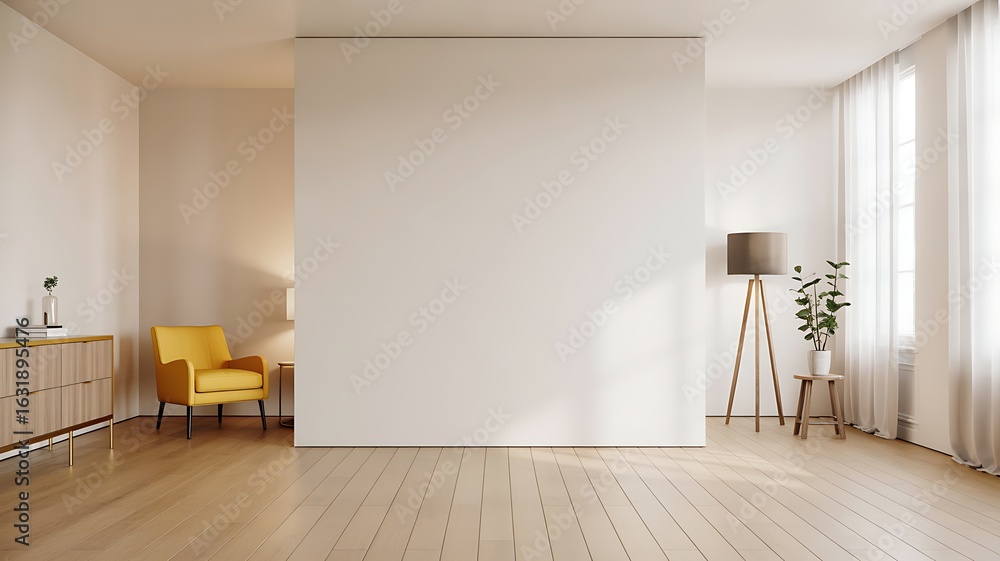 Fototapeta premium Minimalist Interior With Yellow Armchair And Floor Lamp wooden floor