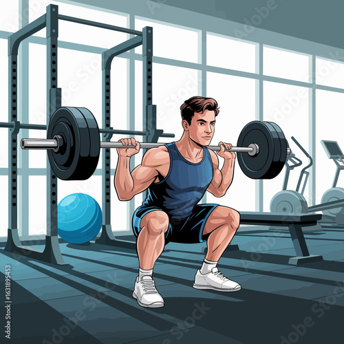 An athletic male is focusing on his squat form in a modern gym setting with a barbell, promoting the importance of strength training and fitness culture.