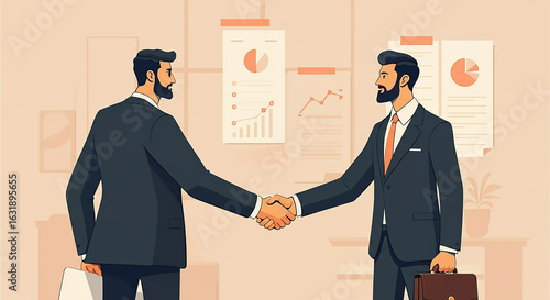 Two professional men shaking hands in an office setting, representing a business deal or collaboration.