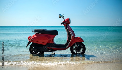 Wallpaper Mural Red scooter parked on a sandy beach next to the turquoise sea under the blue sky Torontodigital.ca