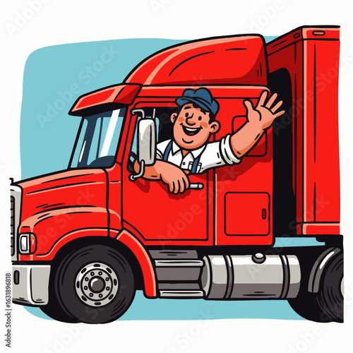 A cheerful cartoon truck driver, depicted in a vibrant red semi-truck, happily waves from the window, symbolizing the vital role of professional transportation.