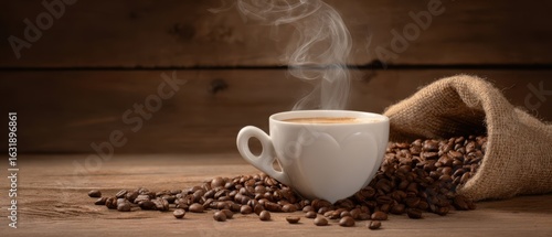 The steaming coffee cup surrounded by aromatic roasted coffee beans.