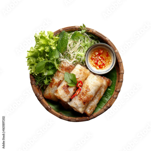Delicious Vietnamese Nem Ran (Fried Spring Rolls) with Fresh Herbs and Dipping Sauce