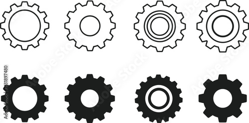 Gear and cogwheel icon set, mechanical symbol, setting and preference, industrial icon, flat vector illustration, engineering, machinery, progressu.