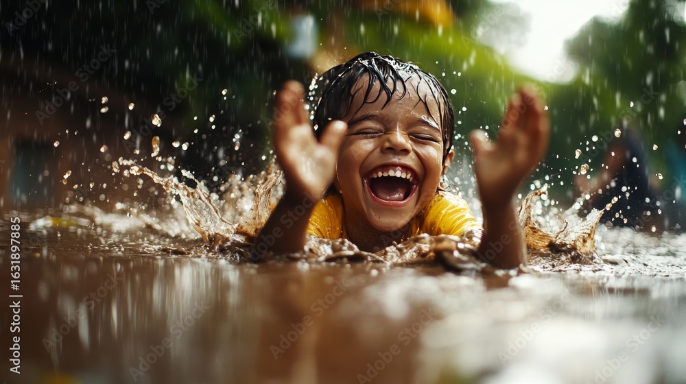 Obraz premium wet and happy rain play, slow motion shot of child sliding in muddy rain