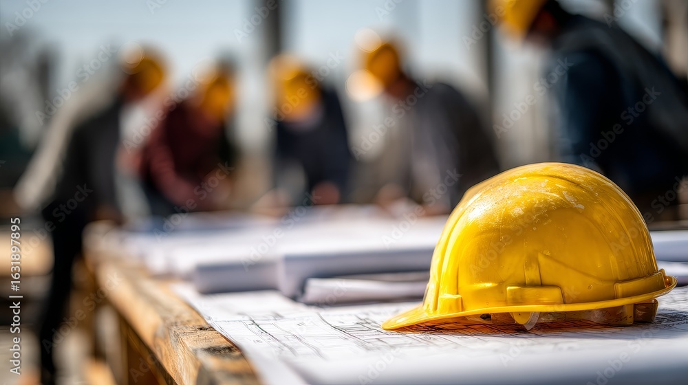 Fototapeta premium Yellow Safety Helmet on Construction Blueprint with Team in Background