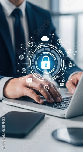 Business professional working on laptop with cybersecurity overlay. Digital security and technology integration concept. Modern office tech illustration.