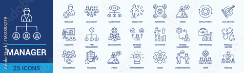 Manager icon set. Containing leadership, supervision, hiring, coaching, management, development, organization, teamwork and delegation icons. Outline icons collection. Vector illustration.