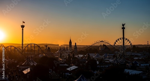 Oktoberfest Silhouette: A Breathtaking View of Munich's Famous Fair at Sunset