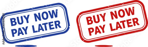 Buy Now Pay Later text on red and blue stamp labels isolated on white background