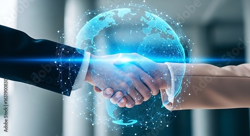 Two business people shaking hands over a glowing blue digital globe with interconnected network lines.