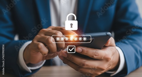 Smartphone security with password verification and lock icon. Hands holding phone with cybersecurity login interface. Digital privacy and authentication on mobile device.