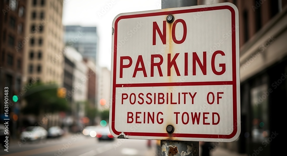 No parking with possibility of being towed sign in urban environment cityscape street view No parking with possibility of being towed sign in urban environment cityscape street view