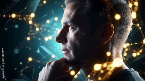 Hyperreal thinker with glowing neural network and dynamic synaptic animation