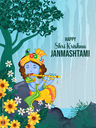 Happy Janmashtami indian festival celebration, Beautiful background and character design vector illustration. Lord Krishna playing flute.