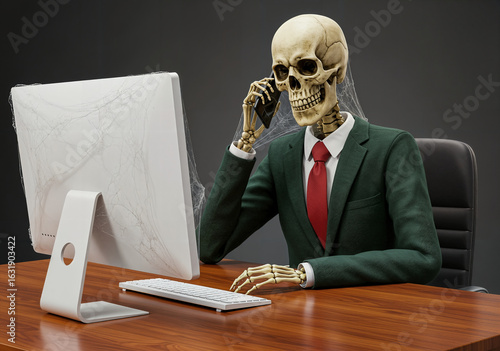 Skeleton in a suit and tie at the computer, a satirical and humorous metaphor about office work and long waits, an image of deadly boredom