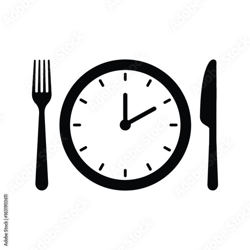 A black silhouette of a clock between a fork and a knife, dinner time icon.

