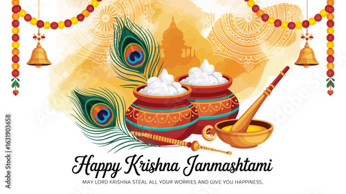 "Krishna Janmashtami Greeting Card with Butter Pots, Flute, Peacock Feathers, Temple Silhouette, and Ornate Festive Decorations"