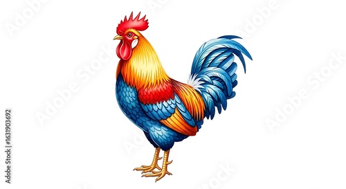 Vibrant Rooster Illustration on White Background Displaying Detailed Plumage and Colors