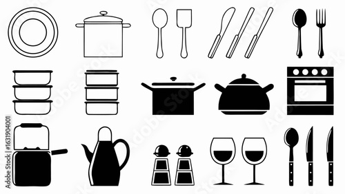 Illustration of kitchenware including pots pans plates silverware glasses and other cooking utensils shown in black silhouette