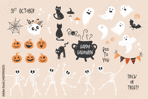 Set of cute hand drawn vector skeletons with witch decoration.