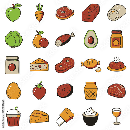 Colorful food and grocery items icon set. Vector illustration of various meal ingredients like fruit, meat, and vegetables for design.