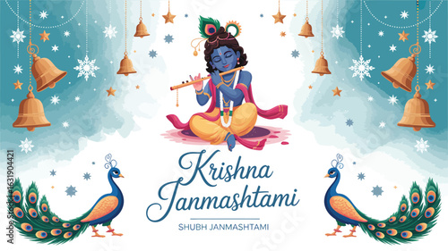 "Krishna Janmashtami Festival Card Featuring Lord Krishna with Flute, Peacock Feather Crown, Decorative Stars, Bells, and Celestial Background"