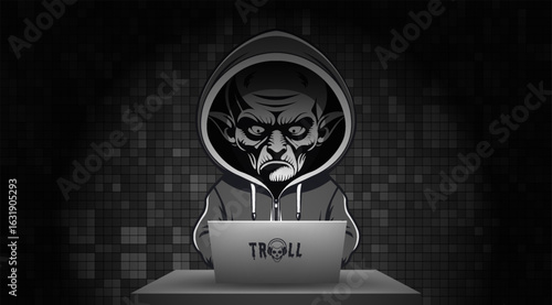 Vector scary horrible gray anonymous dark troll in hoodie, sits at mobile computer, laptop. Trolling on Internet. Social provocation, bullying in online communication, incitement and manipulation