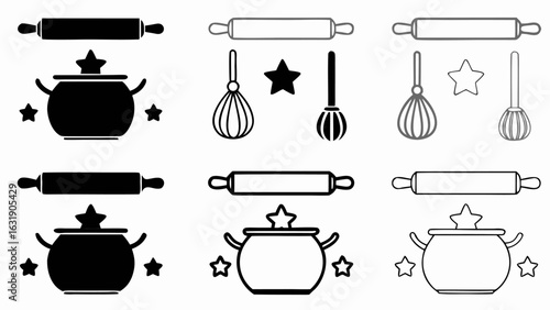 Illustration showing baking and cooking elements like rolling pins whisks pots and stars in different styles silhouette
