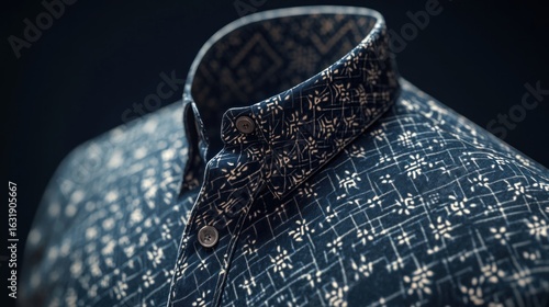 Elegant navy button-down shirt featuring a geometric pattern design