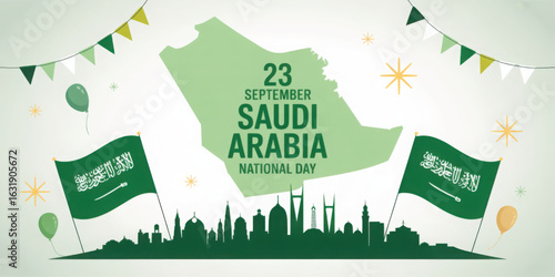 Saudi Arabia National Day artwork with flag-shaped silhouette, iconic skyline, green celebration elements, and 23 September typography