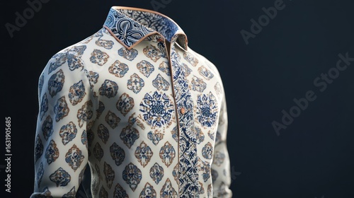 Artistic display of a men's shirt with ornate pattern against dark backdrop