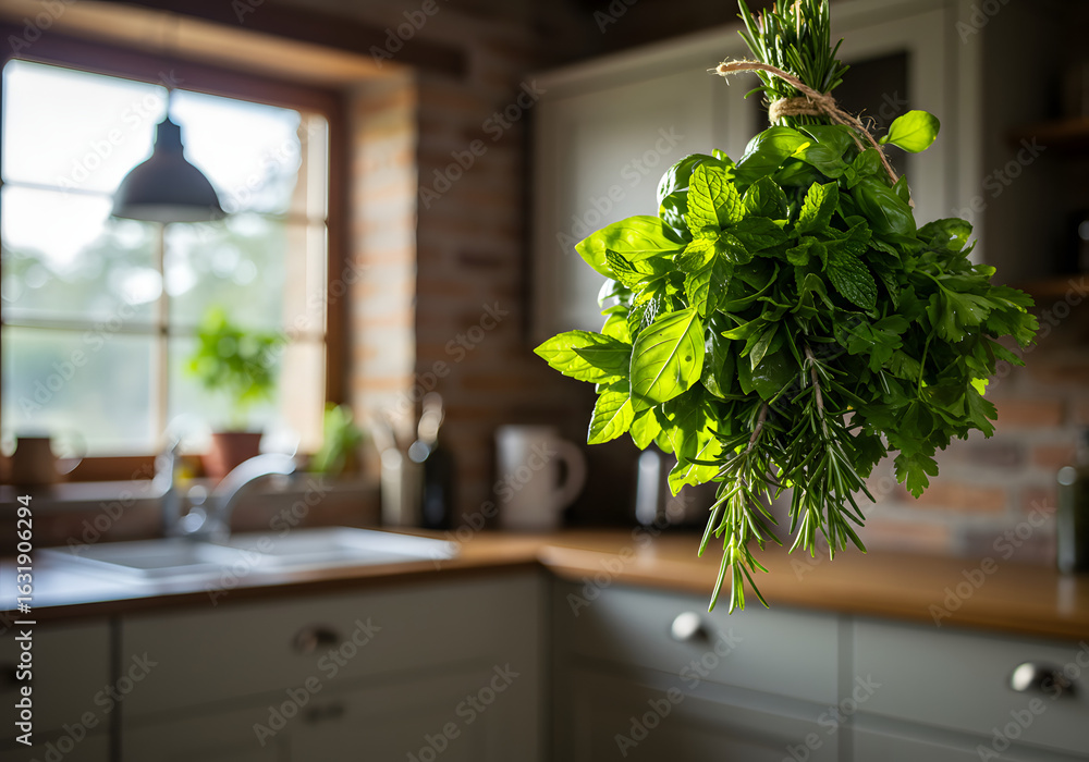 Fototapeta premium Fresh herbs hanging in a bright kitchen with natural light