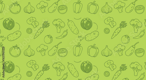 Light green background with a repeating pattern of simple vegetable drawings.