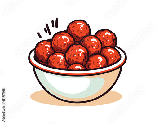 A bowl filled with a heap of round, red meatballs, presented in a cartoon style illustration.