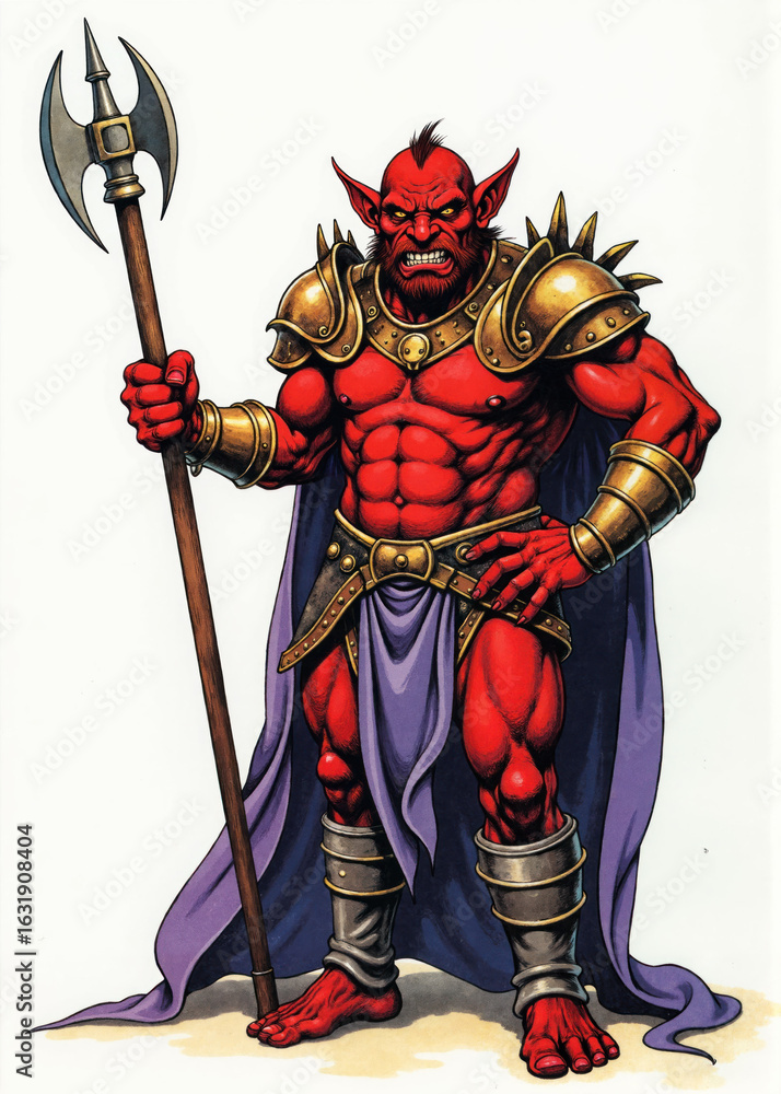 Obraz premium Hobgoblin war captain with dark red skin and bulky frame, standing proudly with hand on hip – RPG fantasy enemy leader drawn in old school tabletop style, armored and confident