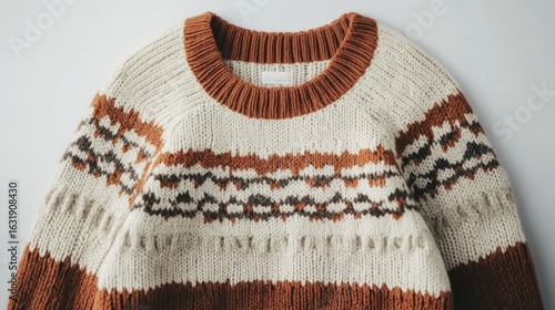Vintage-inspired knitted sweater with geometric pattern and warm earthy tones