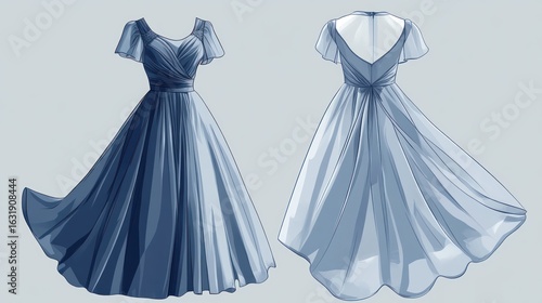 Elegant sapphire gown illustration showcasing front and rear design details