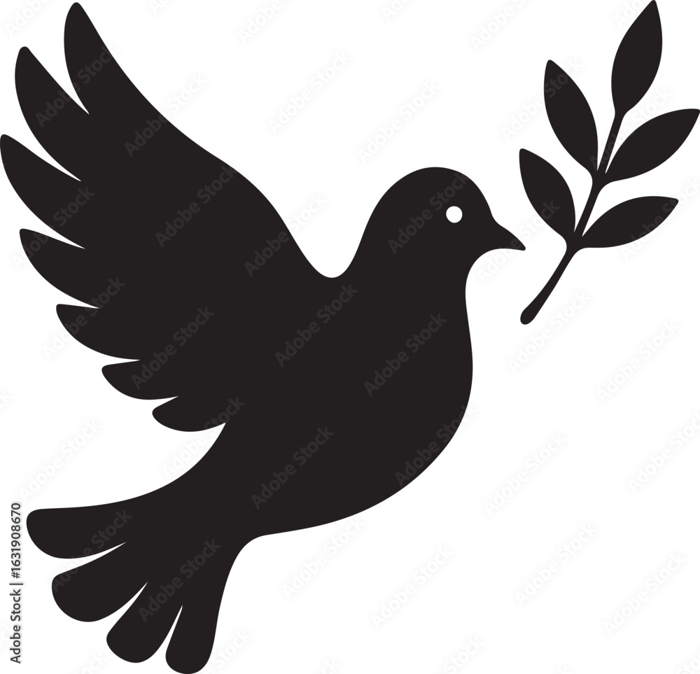 Obraz premium Silhouette of a dove holding an olive branch isolated on white background