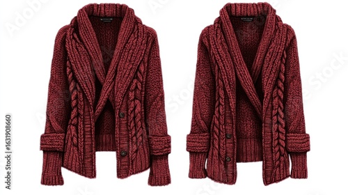 Burgundy Knitted Cardigans Showcase Featuring Intricate Cable Detailing
