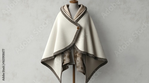 Elegant off-white wool cape draped on a mannequin displaying craftsmanship