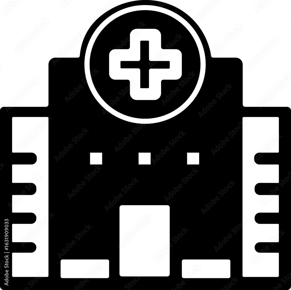 Obraz premium Hospital building icon.Health care construction business medic aid cross vector outline sign illustration.Solid icon that can be applied anywhere, simple, pixel perfect and modern style.