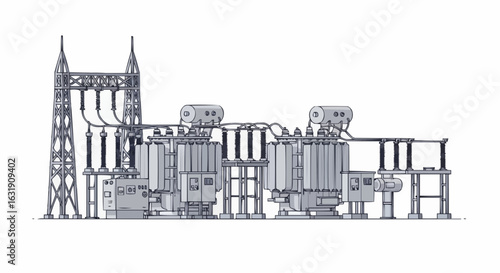 Modern Electrical Substation Transformer Station Illustration on Black
